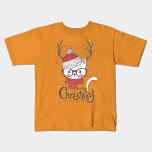 Little Cat with deer horns, merry christmas Kids T-Shirt